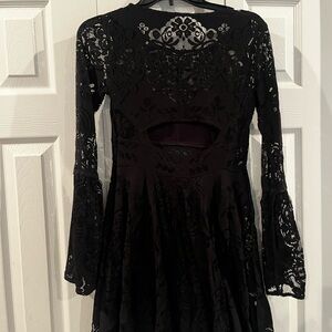 Free People Black Lace Long-Sleeve Cutout Fit-and-Flare Dress